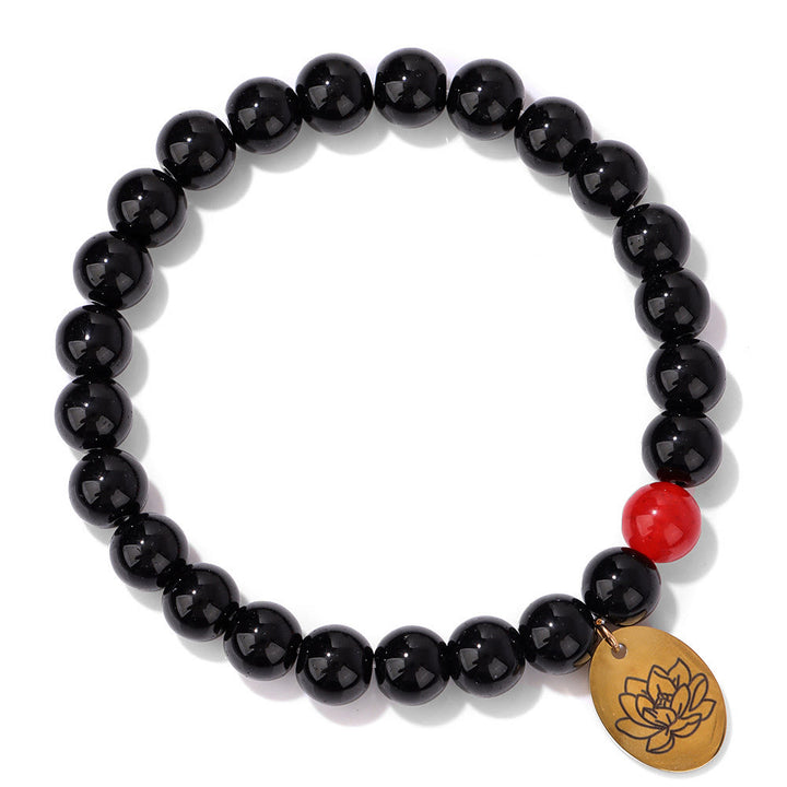Pulsera Olivenorma de metal con cuentas de obsidiana de 8 mm y flor de nacimiento