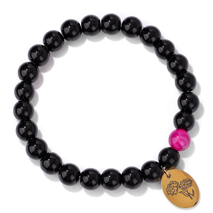 Pulsera Olivenorma de metal con cuentas de obsidiana de 8 mm y flor de nacimiento