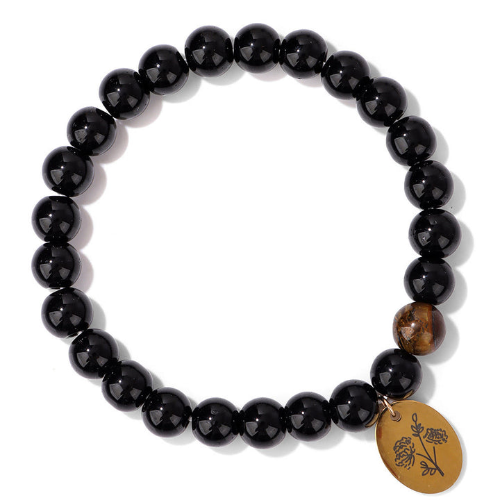 Pulsera Olivenorma de metal con cuentas de obsidiana de 8 mm y flor de nacimiento