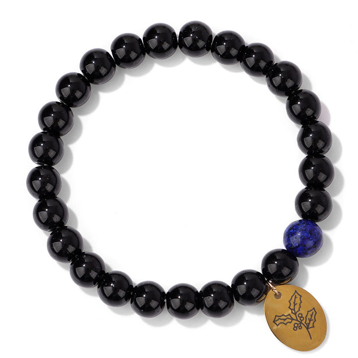 Pulsera Olivenorma de metal con cuentas de obsidiana de 8 mm y flor de nacimiento