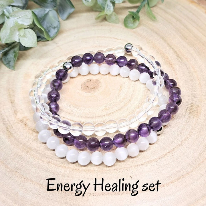 Conjunto de pulseras de cuentas de piedras preciosas de cristal con energía curativa Olivenorma