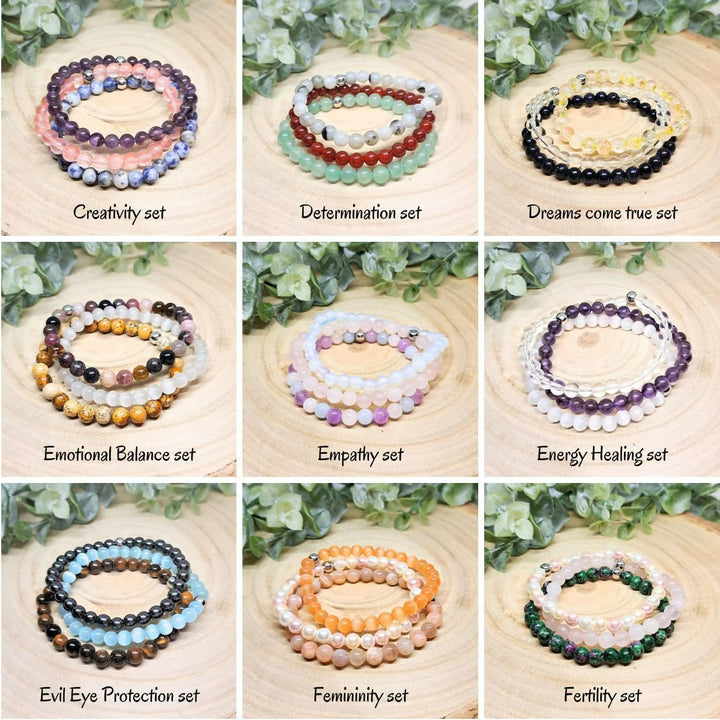 Conjunto de pulseras de cuentas de piedras preciosas de cristal con energía curativa Olivenorma