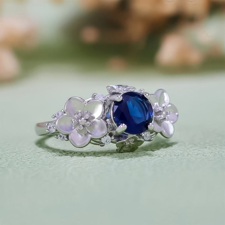 Anillo Olivenorma"Flores Florecientes" de Zafiro, Obsidiana y Circón Blanco