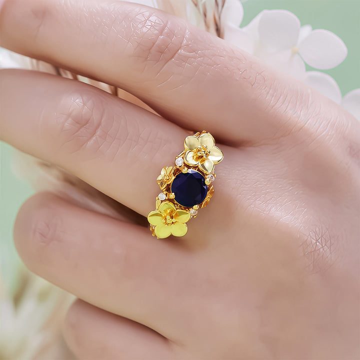 Anillo Olivenorma"Flores Florecientes" de Zafiro, Obsidiana y Circón Blanco