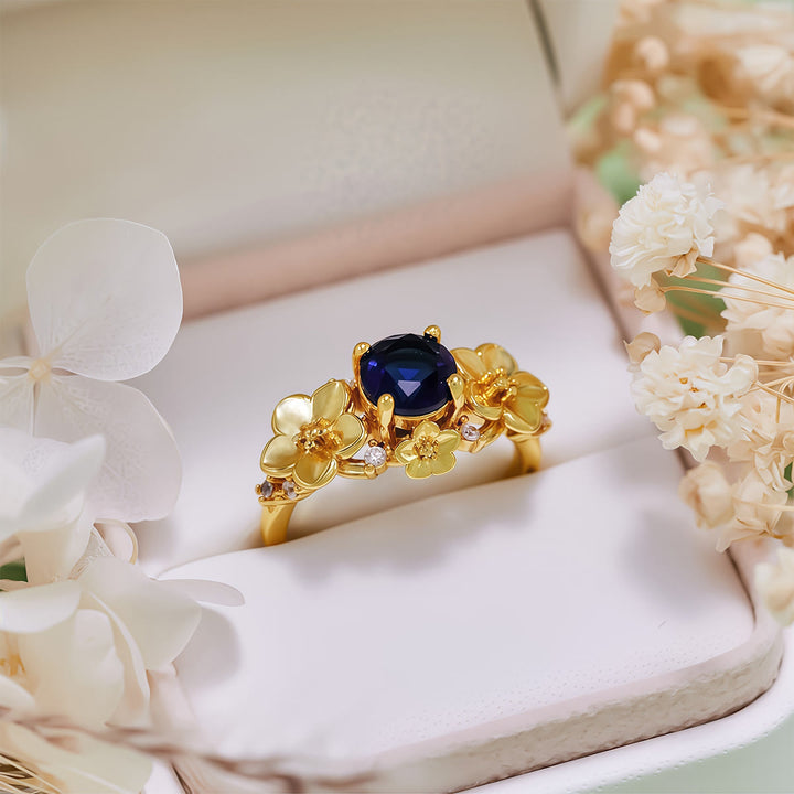 Anillo Olivenorma"Flores Florecientes" de Zafiro, Obsidiana y Circón Blanco
