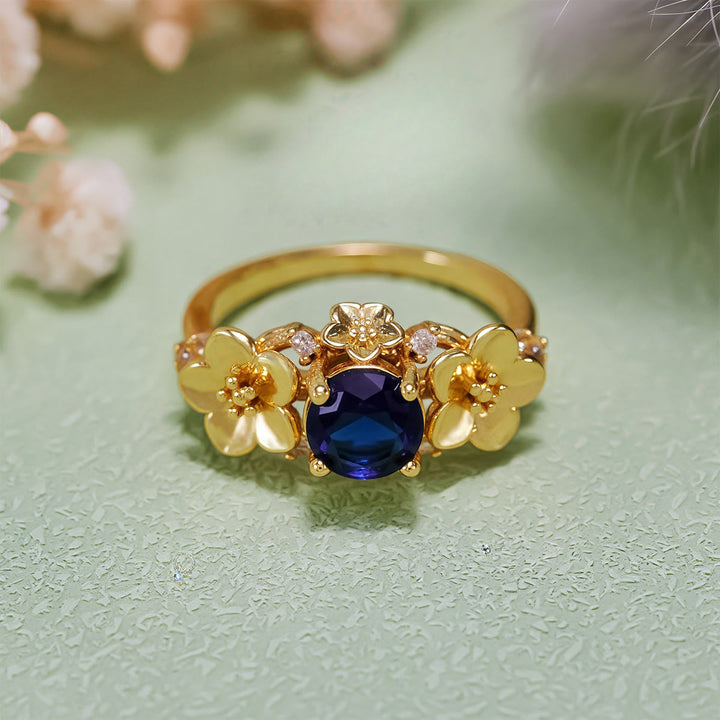 Anillo Olivenorma"Flores Florecientes" de Zafiro, Obsidiana y Circón Blanco