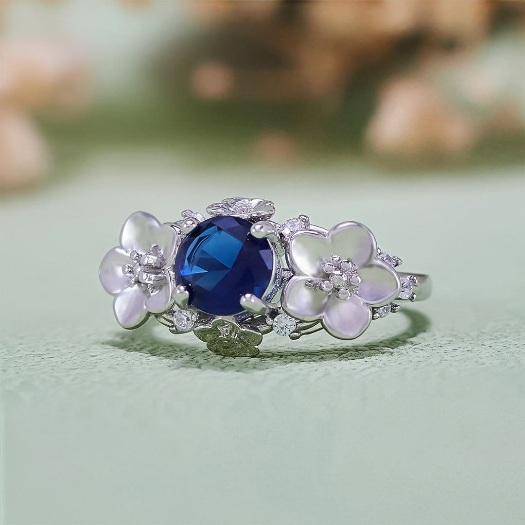 Anillo Olivenorma"Flores Florecientes" de Zafiro, Obsidiana y Circón Blanco