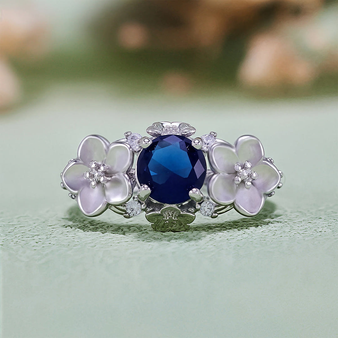 Anillo Olivenorma"Flores Florecientes" de Zafiro, Obsidiana y Circón Blanco