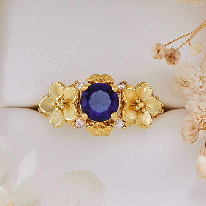Anillo Olivenorma"Flores Florecientes" de Zafiro, Obsidiana y Circón Blanco