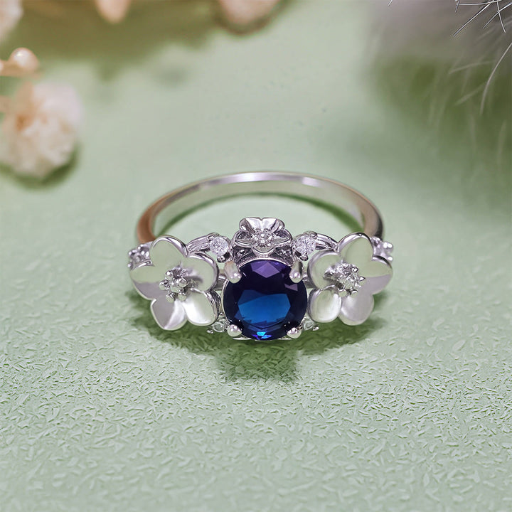 Anillo Olivenorma"Flores Florecientes" de Zafiro, Obsidiana y Circón Blanco