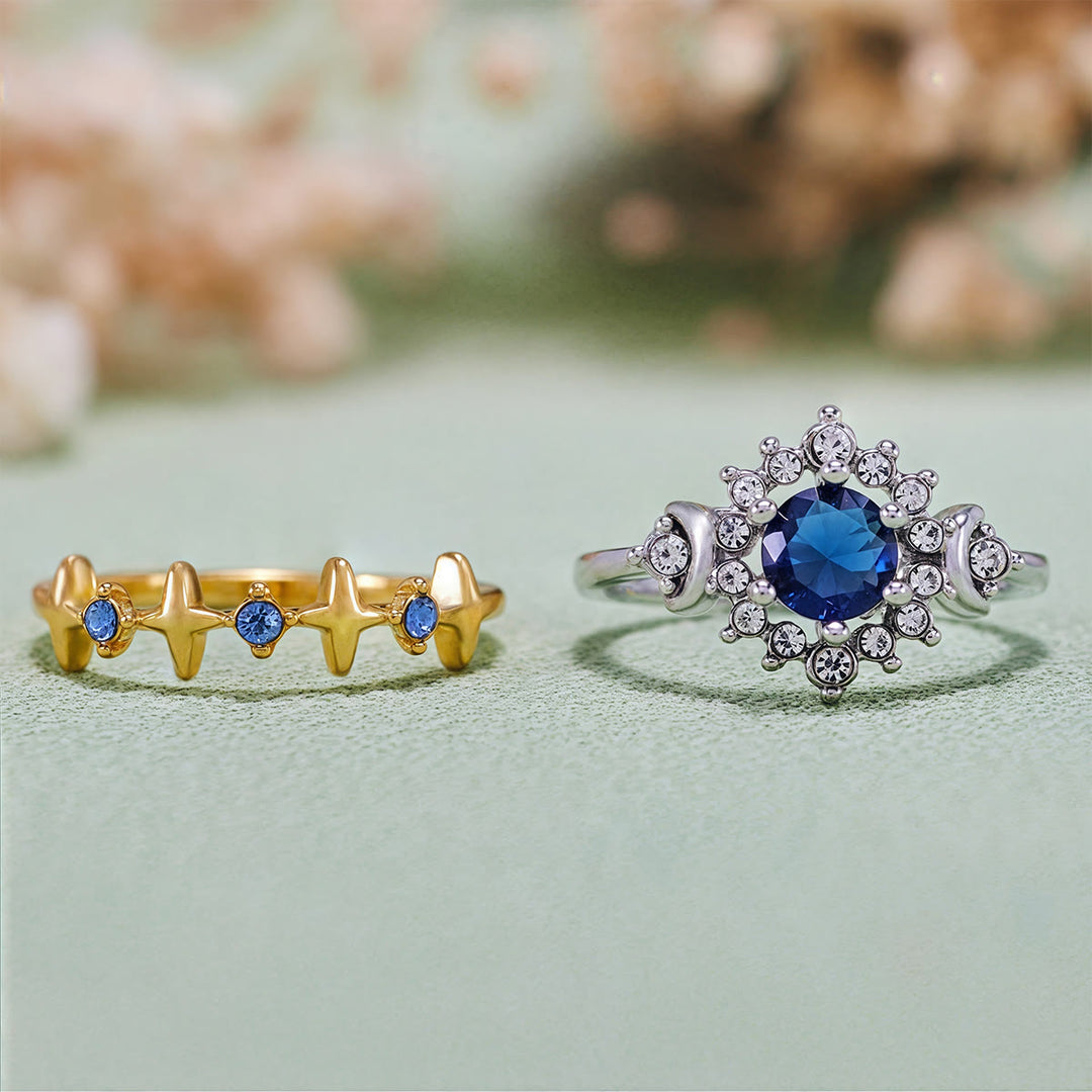 Juego de anillos de cristal con resplandor celestial, luna y estrella de Olivenorma