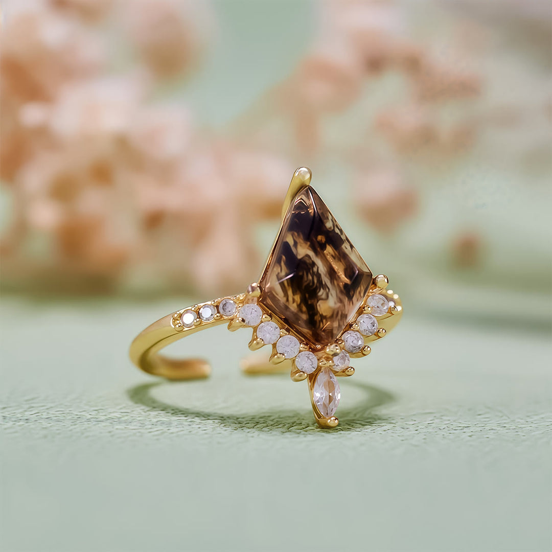 Anillo de compromiso Olivenorma"Piedra de la Purificación" con diamantes Herkimer en forma de cometa sal y pimienta