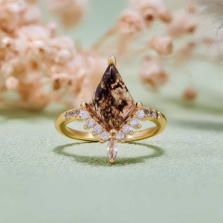 Anillo de compromiso Olivenorma"Piedra de la Purificación" con diamantes Herkimer en forma de cometa sal y pimienta