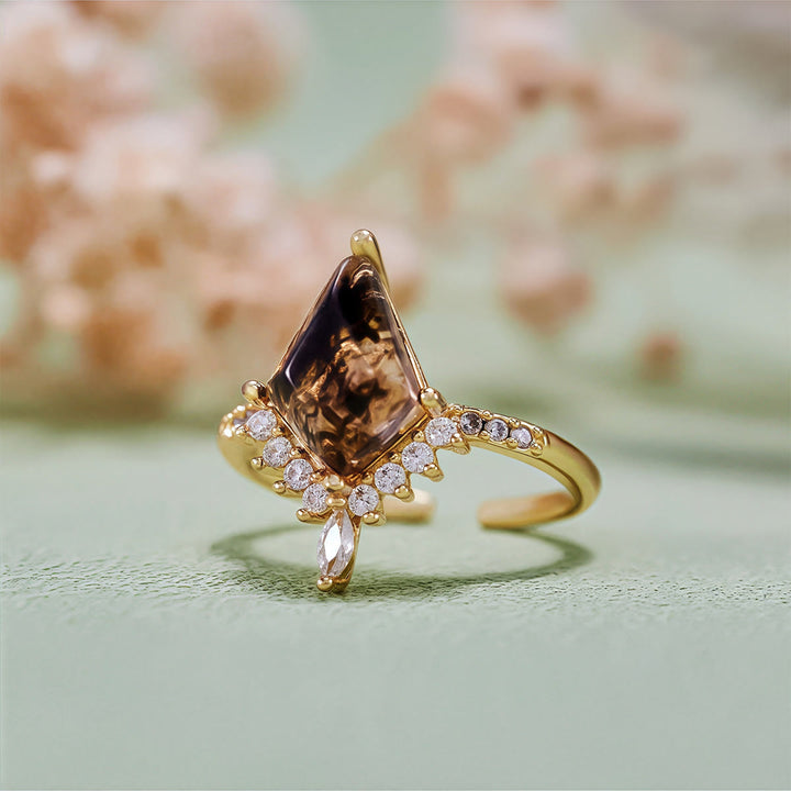 Anillo de compromiso Olivenorma"Piedra de la Purificación" con diamantes Herkimer en forma de cometa sal y pimienta