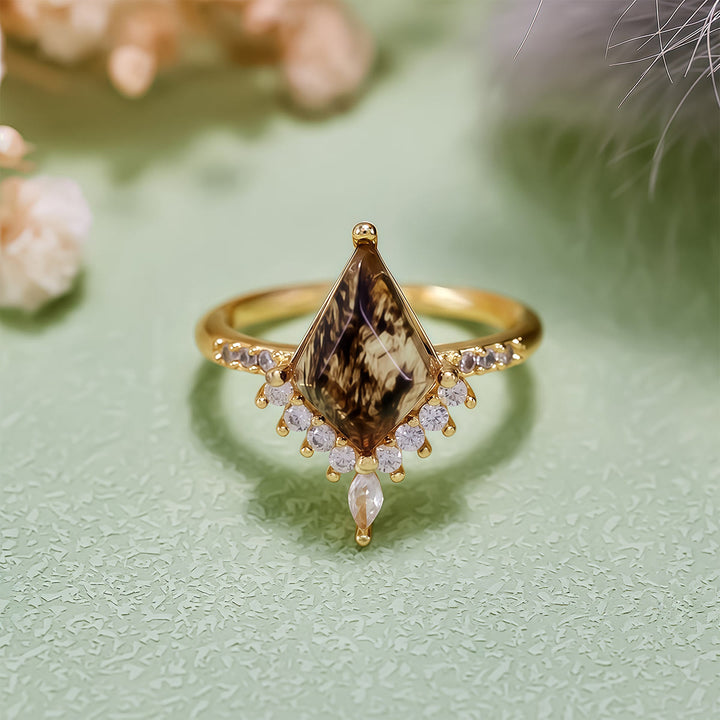 Anillo de compromiso Olivenorma"Piedra de la Purificación" con diamantes Herkimer en forma de cometa sal y pimienta