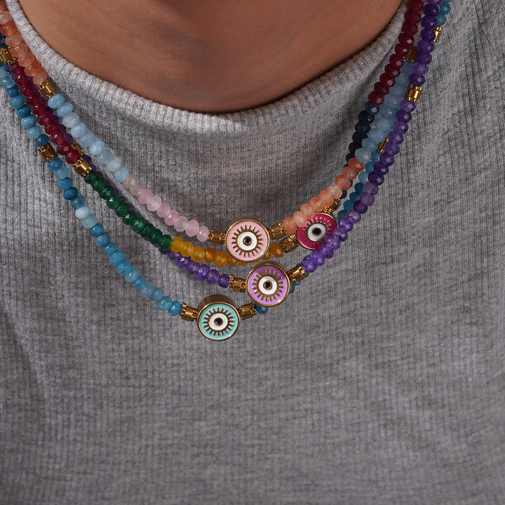 Collar con colgante de ojo malvado con cuentas de cristal natural de Olivenorma