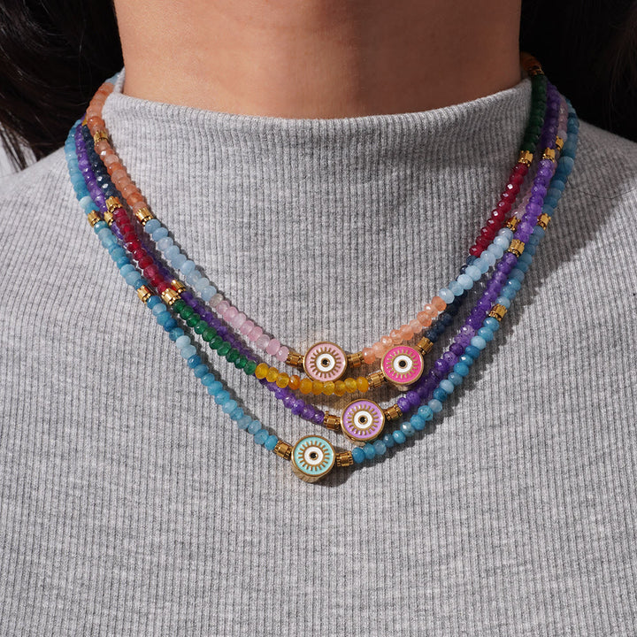 Collar con colgante de ojo malvado con cuentas de cristal natural de Olivenorma