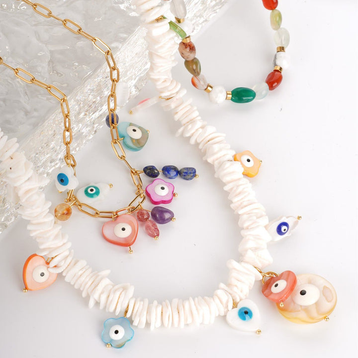 Collar de cuentas de concha de cristal natural Olivenorma con ojo malvado