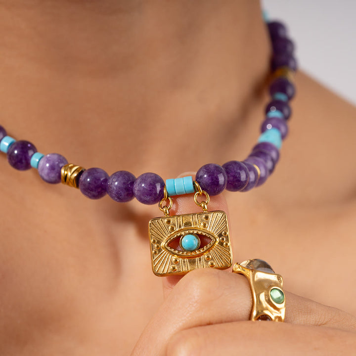 Collar de ojo de tigre con amatista y cuentas de Olivenorma