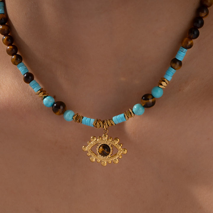 Collar de ojo de tigre con amatista y cuentas de Olivenorma