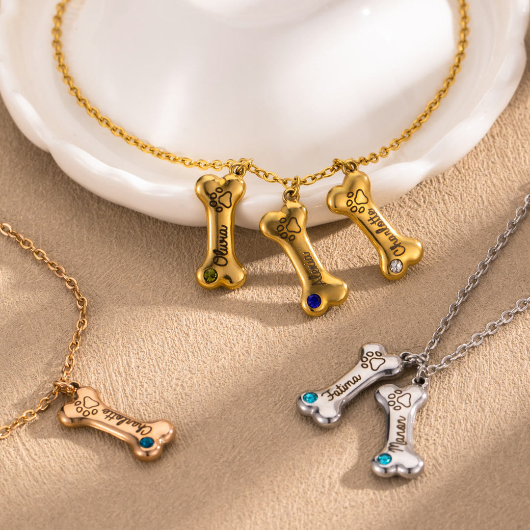 Collar de hueso de perro de acero inoxidable personalizado Olivenorma con piedra de nacimiento