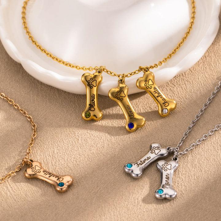 Collar de hueso de perro de acero inoxidable personalizado Olivenorma con piedra de nacimiento