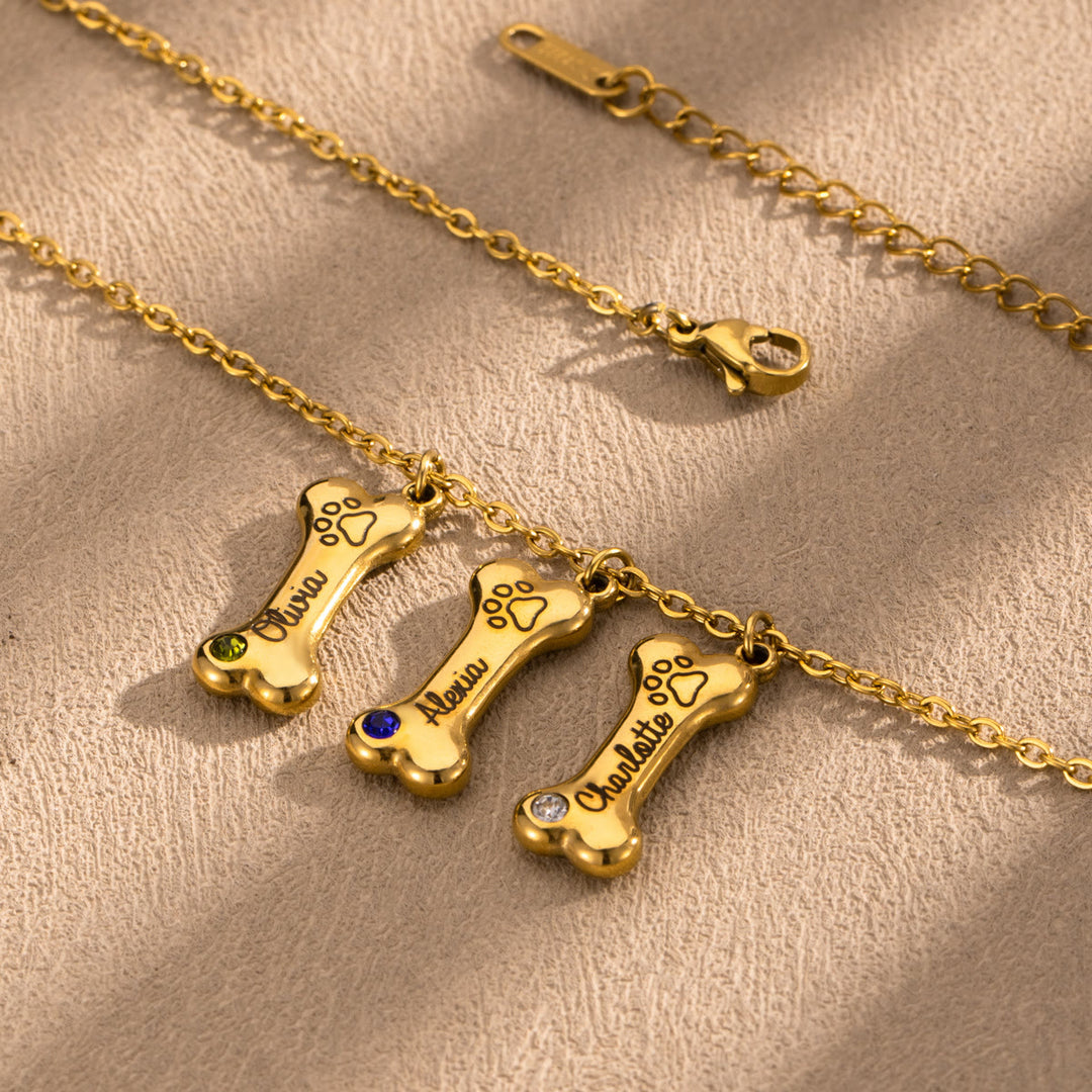 Collar de hueso de perro de acero inoxidable personalizado Olivenorma con piedra de nacimiento