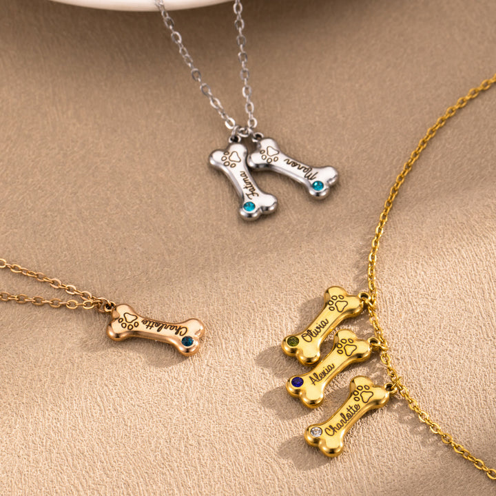 Collar de hueso de perro de acero inoxidable personalizado Olivenorma con piedra de nacimiento