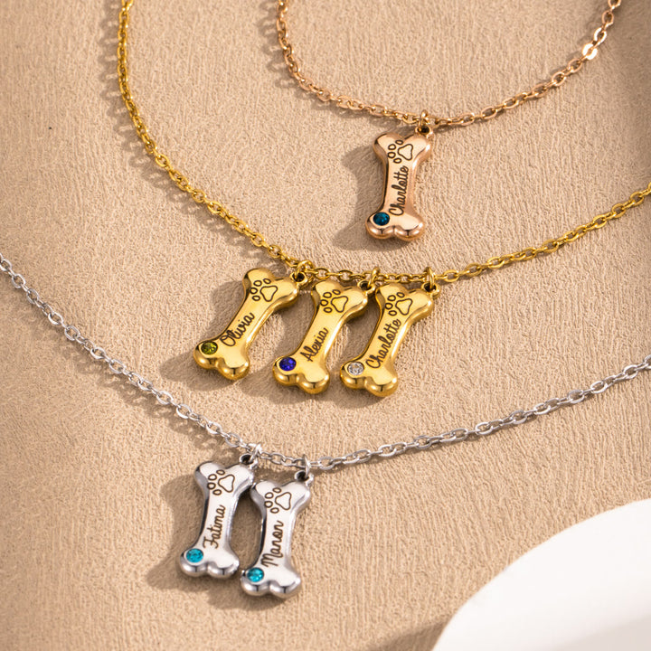 Collar de hueso de perro de acero inoxidable personalizado Olivenorma con piedra de nacimiento
