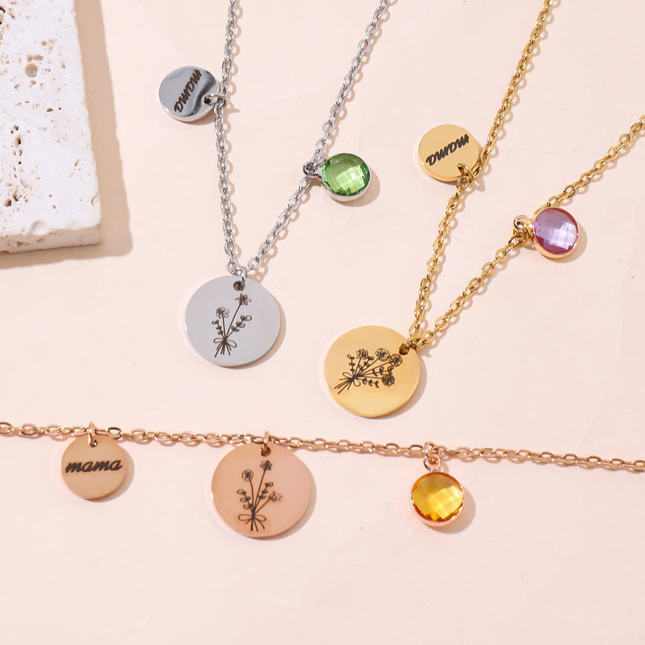 Collar de acero inoxidable con flor de nacimiento y piedra de nacimiento personalizado de Olivenorma