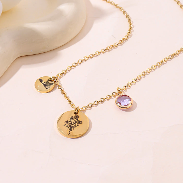 Collar de acero inoxidable con flor de nacimiento y piedra de nacimiento personalizado de Olivenorma