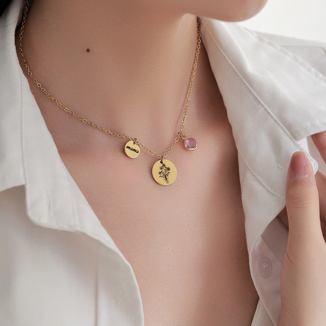 Collar de acero inoxidable con flor de nacimiento y piedra de nacimiento personalizado de Olivenorma