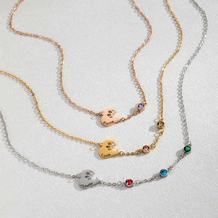 Collar personalizado Olivenorma con corazón hueco y piedra de nacimiento de pata de perro