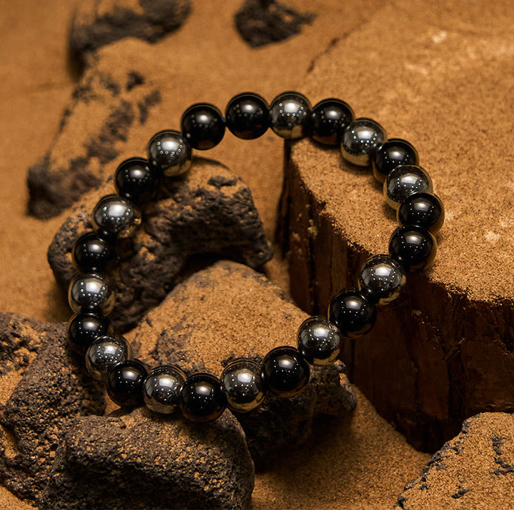 Pulsera Olivenorma de cuentas de obsidiana y hematita de 8 mm para hombre