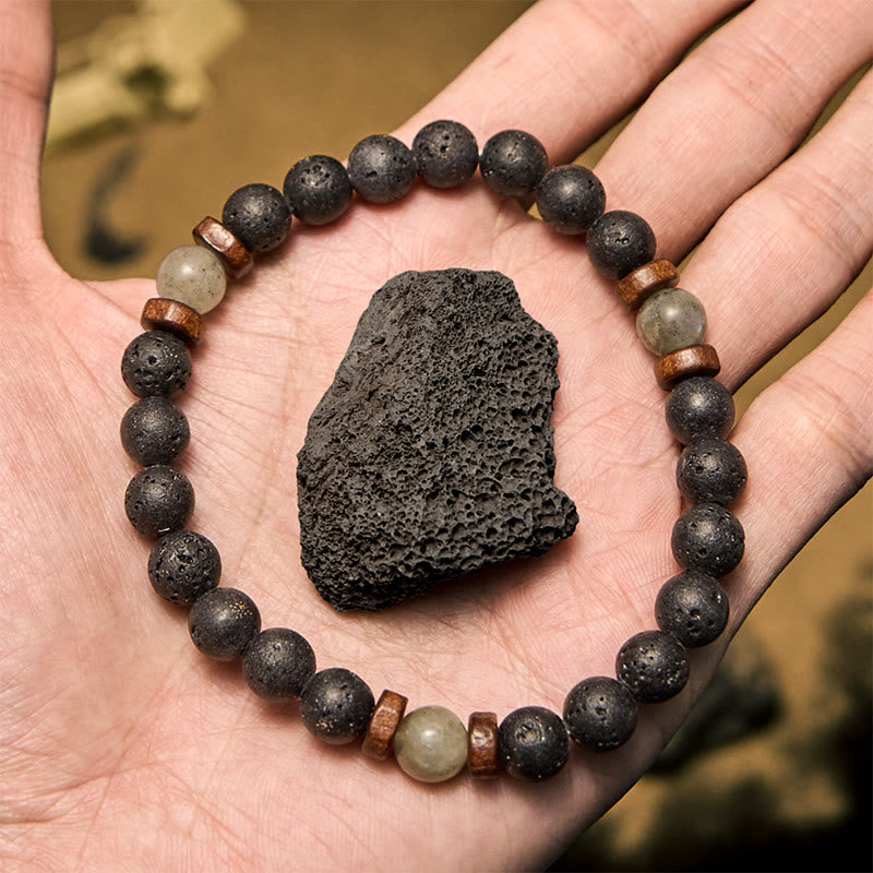 Pulsera Olivenorma de cuentas de piedra de lava, labradorita y bronzita de 8 mm