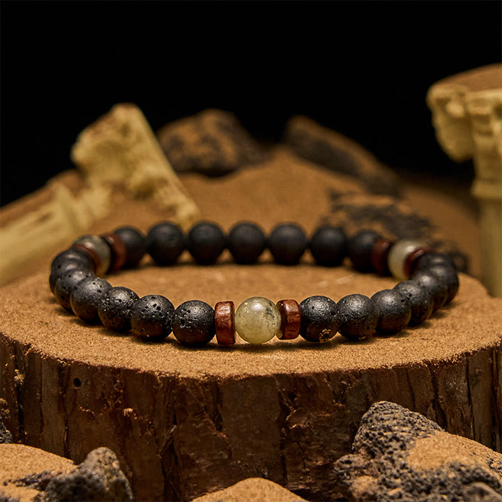 Pulsera Olivenorma de cuentas de piedra de lava, labradorita y bronzita de 8 mm