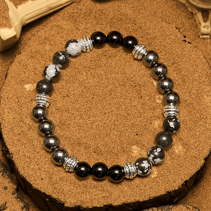 Pulsera para hombre con cuentas de hematita y obsidiana copo de nieve de Olivenorma