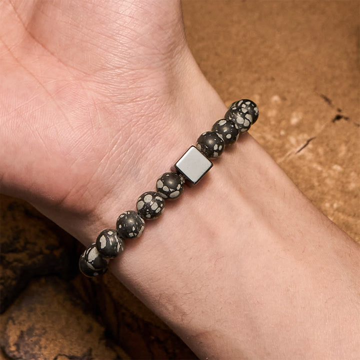 Pulsera de cuentas de hematita con corte cuadrado de obsidiana copo de nieve de Olivenorma