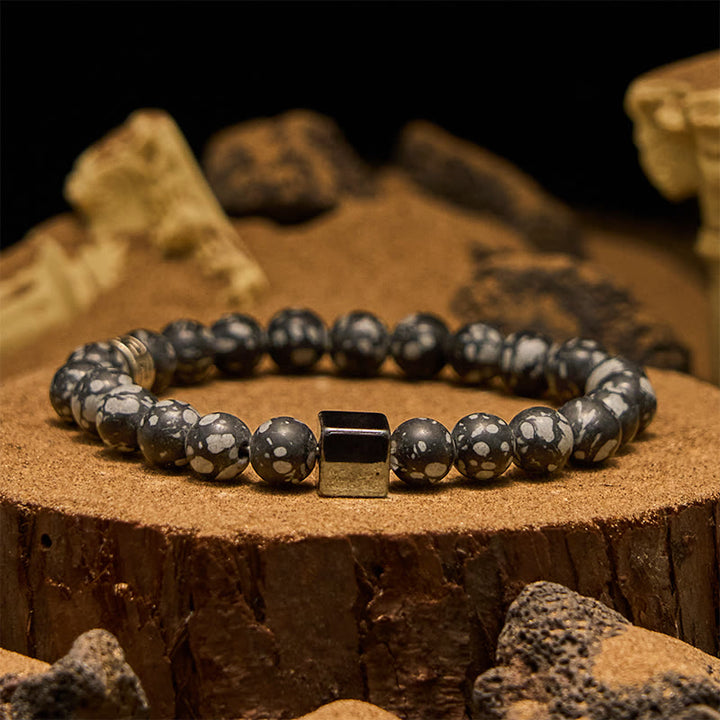 Pulsera de cuentas de hematita con corte cuadrado de obsidiana copo de nieve de Olivenorma