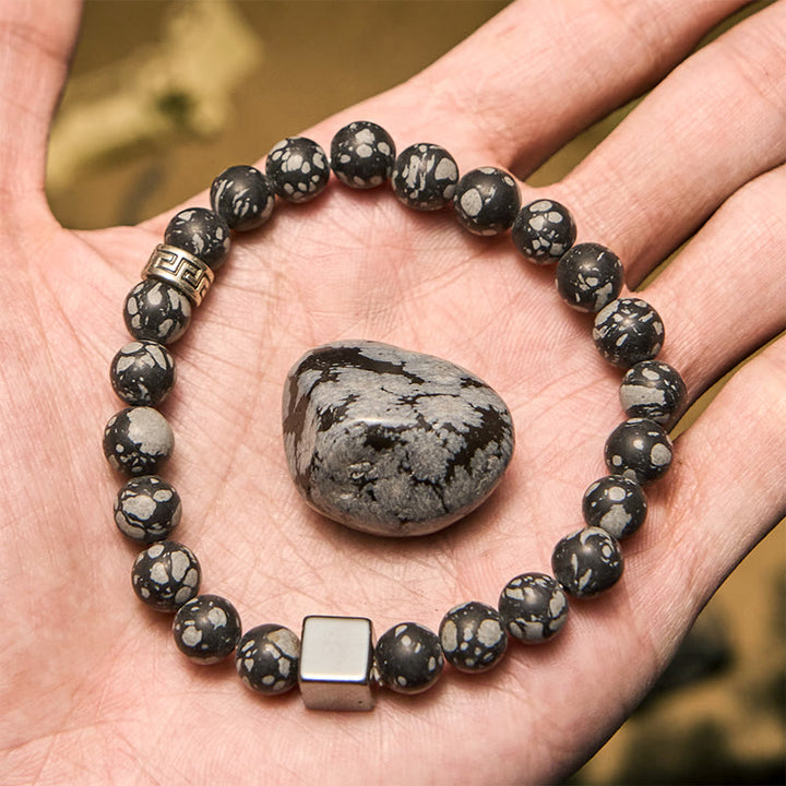 Pulsera de cuentas de hematita con corte cuadrado de obsidiana copo de nieve de Olivenorma