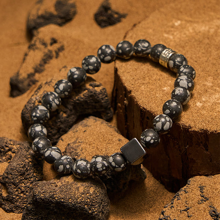 Pulsera de cuentas de hematita con corte cuadrado de obsidiana copo de nieve de Olivenorma