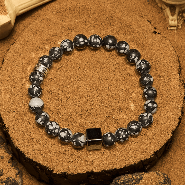Pulsera de cuentas de hematita con corte cuadrado de obsidiana copo de nieve de Olivenorma