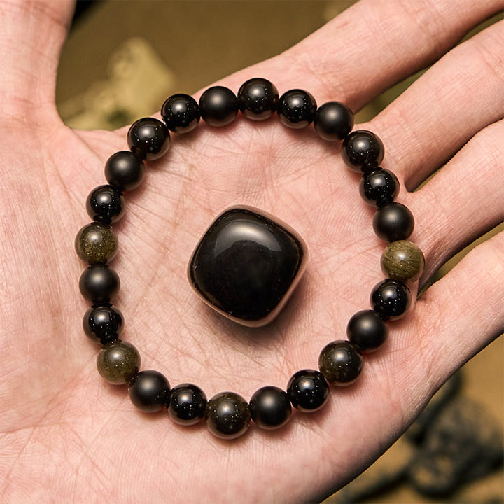 Pulsera Olivenorma para hombre con cuentas de ónix negro y obsidiana dorada