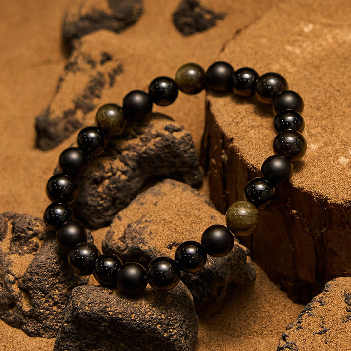 Pulsera Olivenorma para hombre con cuentas de ónix negro y obsidiana dorada