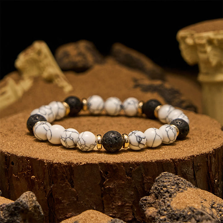 Pulsera de cuentas de turquesa blanca y piedra volcánica natural Olivenorma