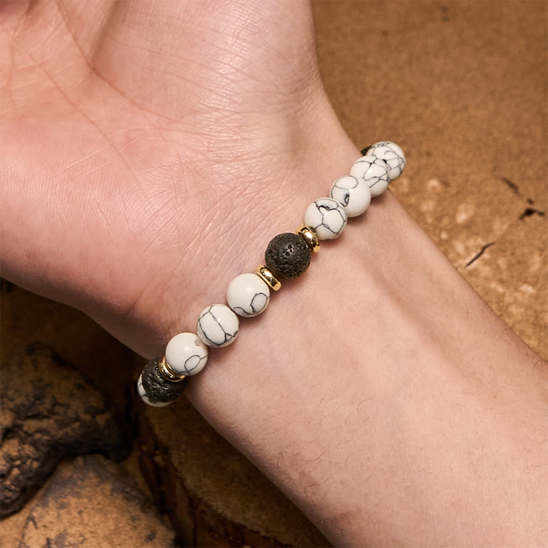 Pulsera de cuentas de turquesa blanca y piedra volcánica natural Olivenorma