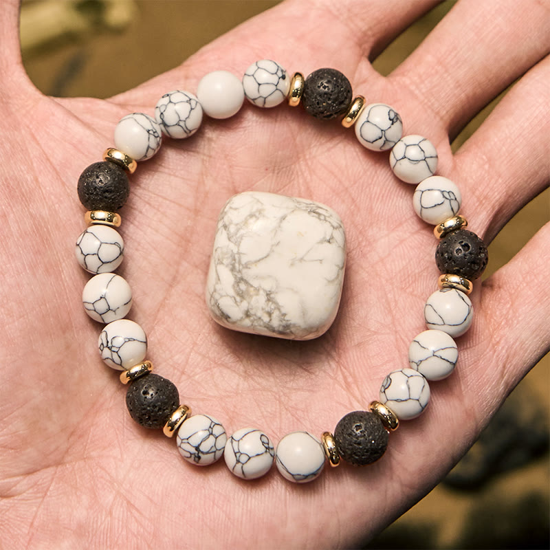 Pulsera de cuentas de turquesa blanca y piedra volcánica natural Olivenorma