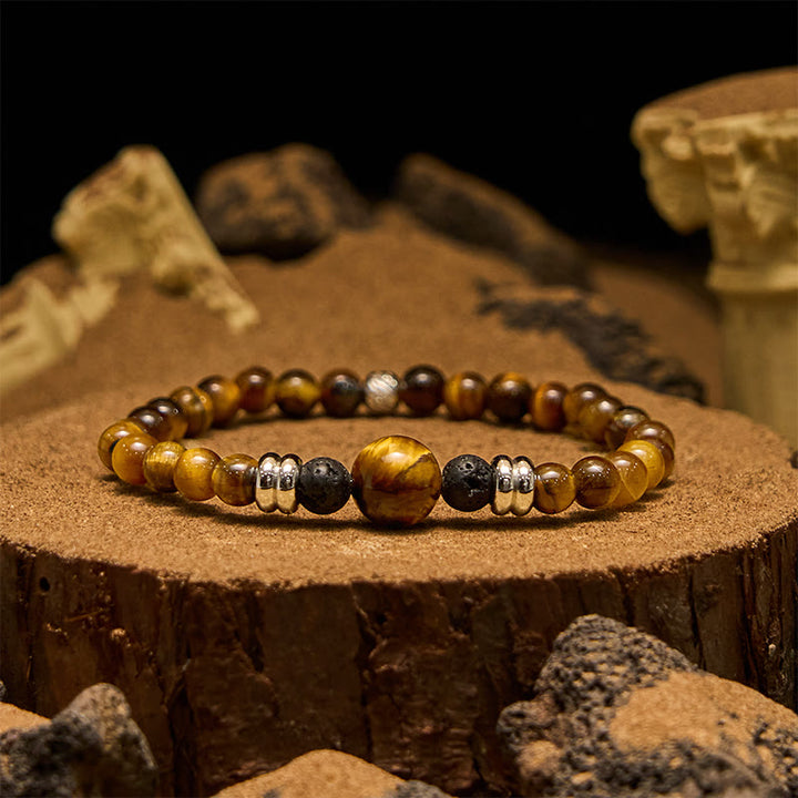 Pulsera de cuentas de ojo de tigre de piedra volcánica natural Olivenorma