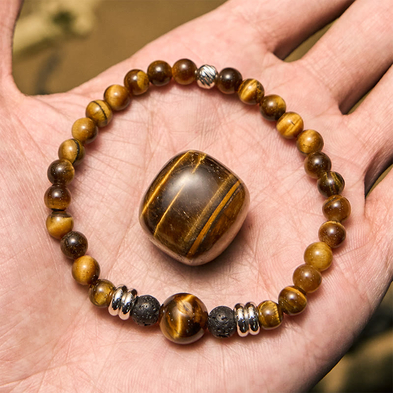 Pulsera de cuentas de ojo de tigre de piedra volcánica natural Olivenorma