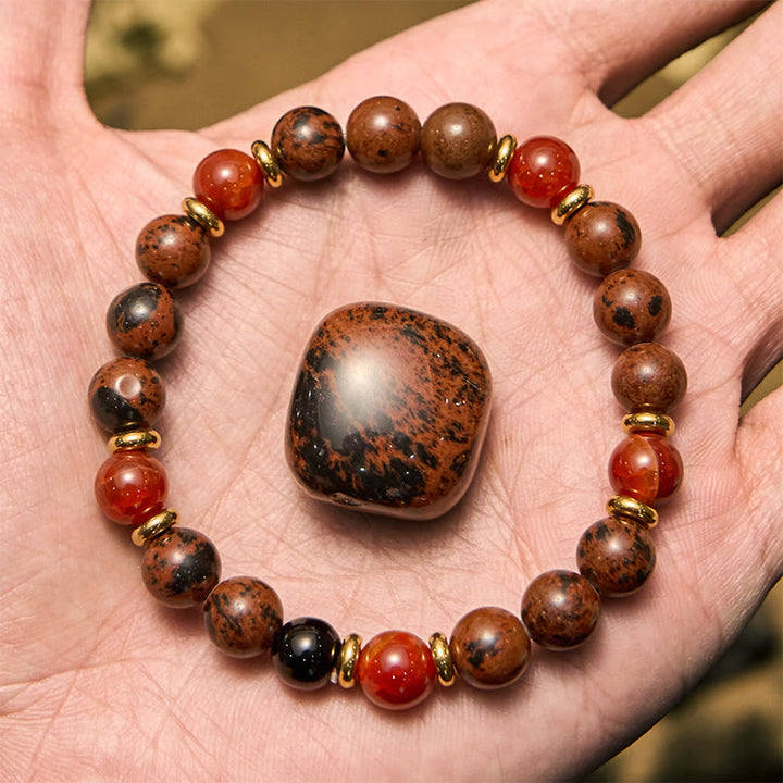 Pulsera Olivenorma de cuentas de caoba natural, obsidiana y coral rojo